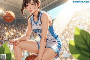 A girl in a blue and white uniform holding a basketball.