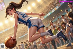 A group of young women playing a game of basketball.