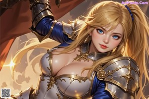 A woman with blonde hair and blue eyes holding a sword.