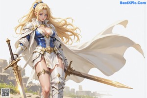 A woman in armor holding a sword in front of a city.