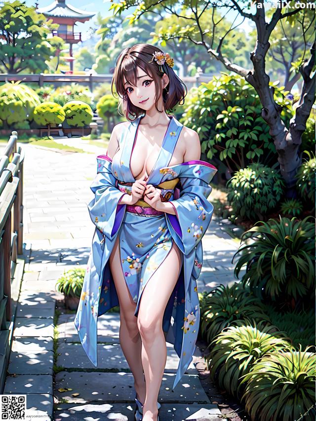 A woman in a blue kimono walking down a path.