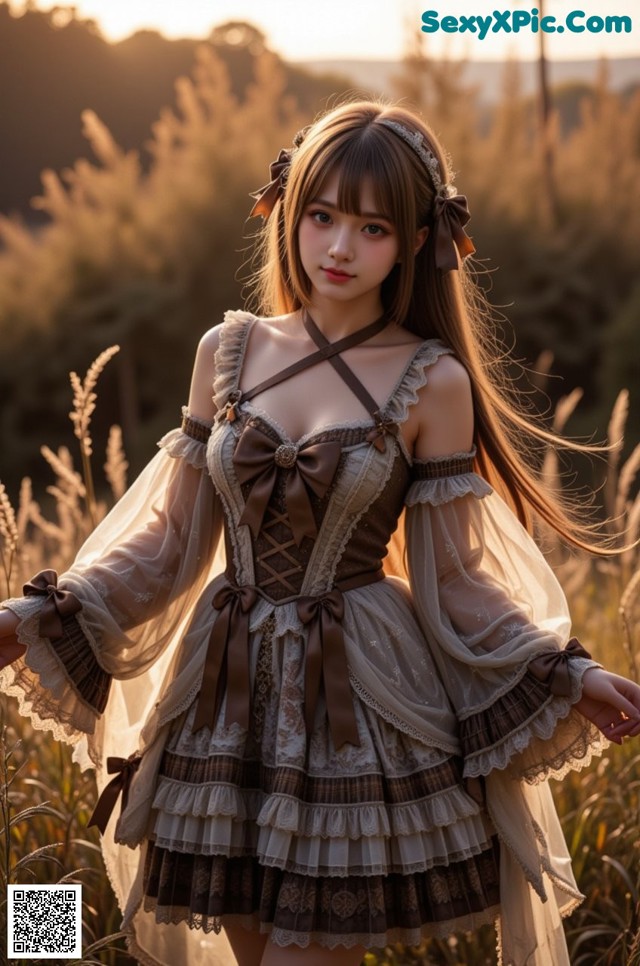 A woman in a brown and white dress standing in a field.