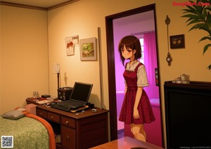A girl in a school uniform is walking down a path.