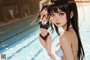A woman in a black bathing suit standing in a pool.