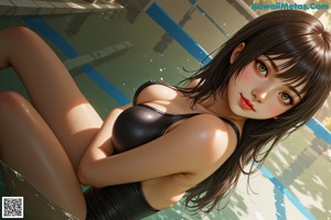 A woman in a black bikini standing next to a swimming pool.