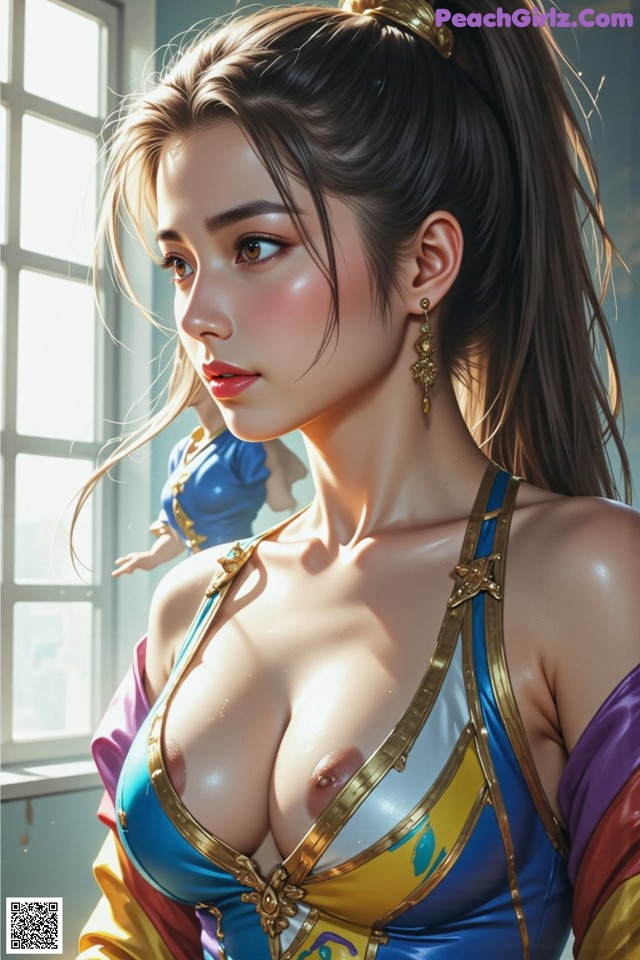 A woman in a blue and yellow outfit is posing for a picture.