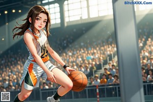 A woman in a green and yellow uniform dribbling a basketball.