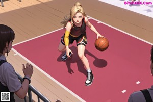 A woman in a basketball uniform dribbling a basketball on a court.