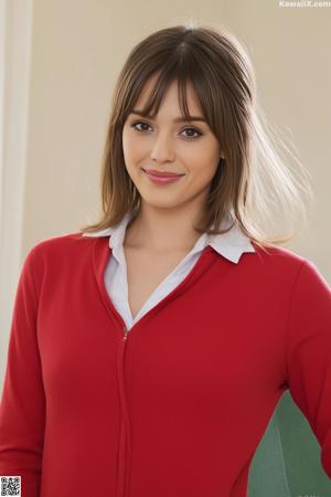 A woman in a white shirt is posing for the camera.