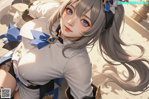 A woman in a blue and white outfit holding a sword.