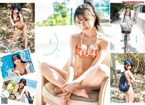 A woman in a bikini sitting on the edge of a pool.
