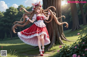 a woman in a red and white dress posing for a picture