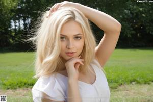 A woman in a white shirt and plaid skirt posing for a picture.