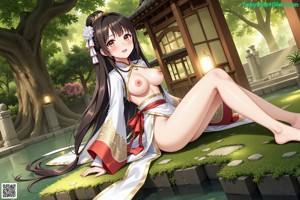 A woman in a kimono sitting on a bed.