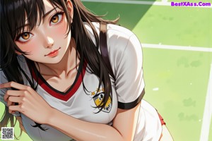 A woman in a blue shirt and black shorts standing in front of a soccer goal.