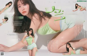 A magazine spread with a woman laying on the ground.