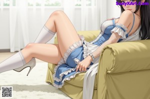 A woman in a maid outfit sitting on a chair.