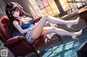 A woman in a blue and white dress sitting on a bed.