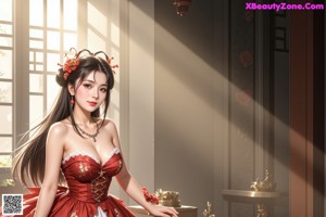 A woman in a white and red dress is posing for a picture.