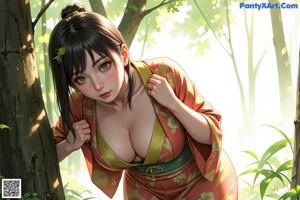 A naked anime girl in a kimono in the woods.