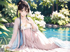 A woman in a white kimono sitting on the ground.