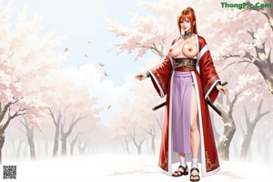 A woman in traditional attire holds a sword, surrounded by cherry blossoms.