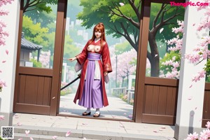 A woman in a red and purple outfit sits on a stone ledge by a pond with cherry blossoms.