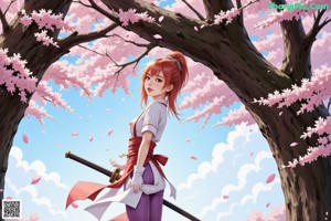 A woman in traditional attire stands on a stone path with cherry blossoms and a sword.
