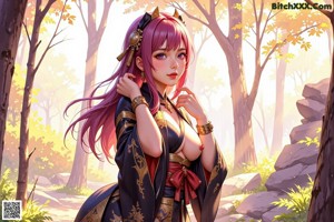 A naked woman in a kimono is standing in the woods.