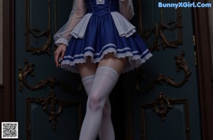 a woman in a blue dress and white stockings standing on a bed