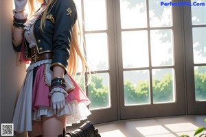 A woman in a school uniform posing for a picture.