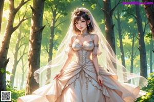 A woman in a wedding dress walking through a forest.