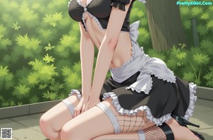 A woman in a maid outfit holding a flower in her hand.