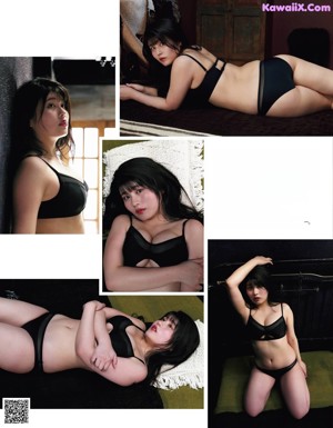 A woman in a black lingerie laying on a couch.