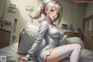 A woman in a nurse outfit is walking through a hospital room.