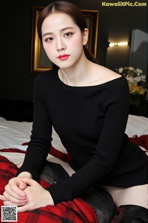 A woman in a black dress and red stockings posing for a picture.