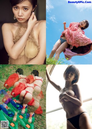 A naked woman holding a bunch of flowers in her hands.