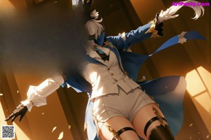 A woman in a white and blue outfit with a top hat.