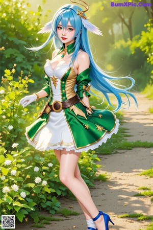 A woman in a white dress with blue hair and angel wings.