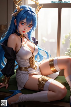 A woman with long blue hair wearing a corset and gloves.