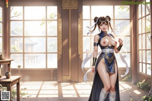 A woman in traditional attire stands indoors with a serene expression.