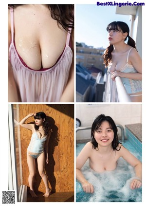 A woman in a red bathing suit posing for a picture.