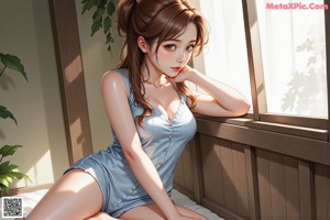 A woman sitting on a bed in a beige top and shorts.