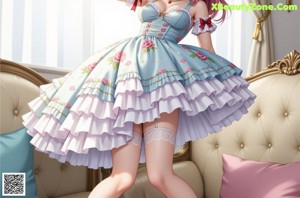 A girl with long pink hair wearing a pink dress and red shoes.